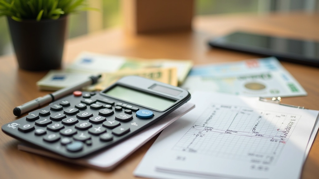 Gros plan sur une calculatrice et des billets d'euros sur un bureau avec notes de prix et calculs