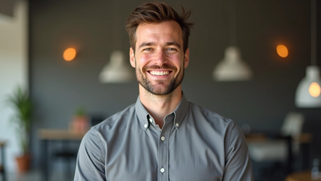 Portrait d'homme en chemise grise, développeur web assis à un bureau dans un espace de travail créatif