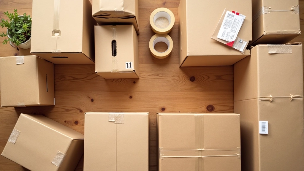 Plusieurs cartons de différentes tailles et matériaux d'emballage, papier bulle, ruban adhésif, table de travail organisée