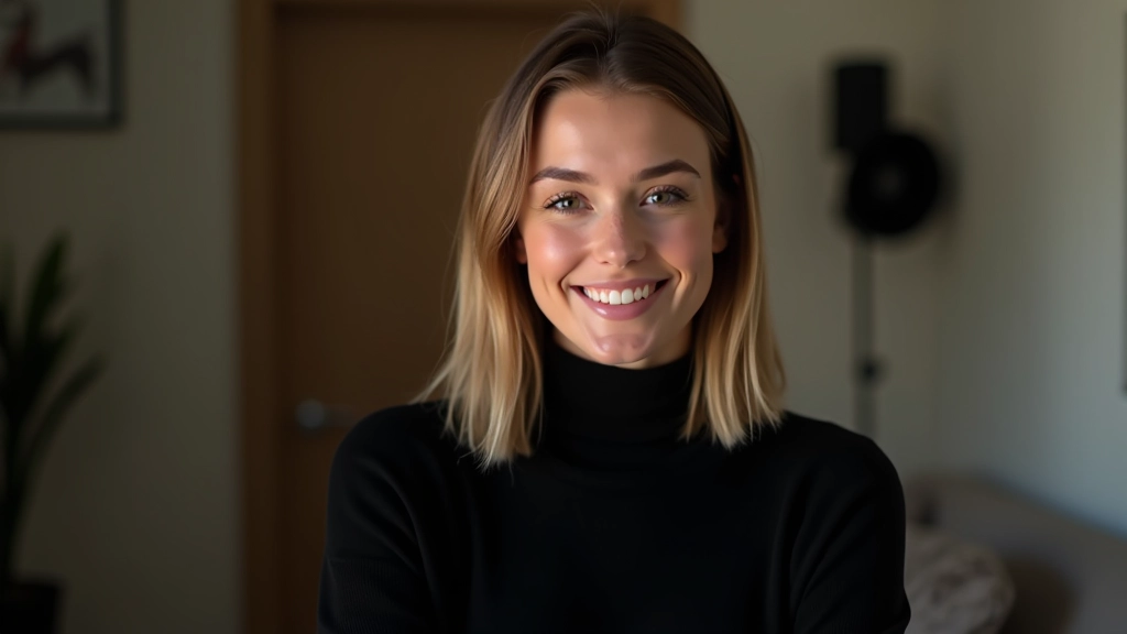 Portrait de femme souriante en pull noir, formatrice en ligne dans un studio d'enregistrement professionnel