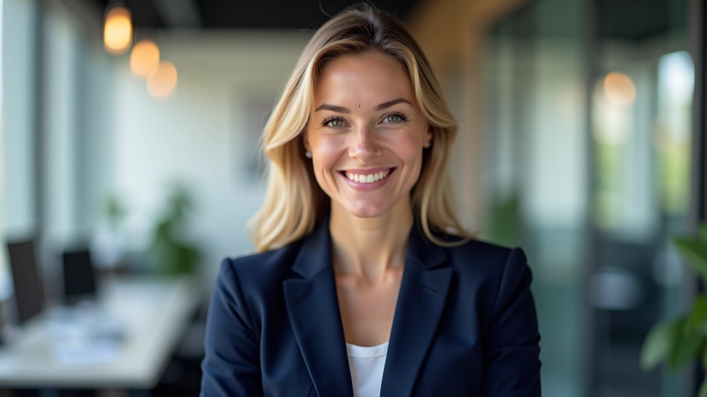 Portrait de femme en blazer bleu marine, cadre supérieur en environnement professionnel moderne